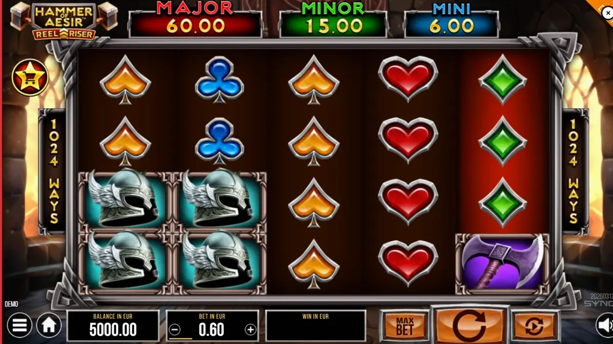 Hammer of Aesir slot machine game screen featuring Norse symbols and a dark, epic atmosphere.